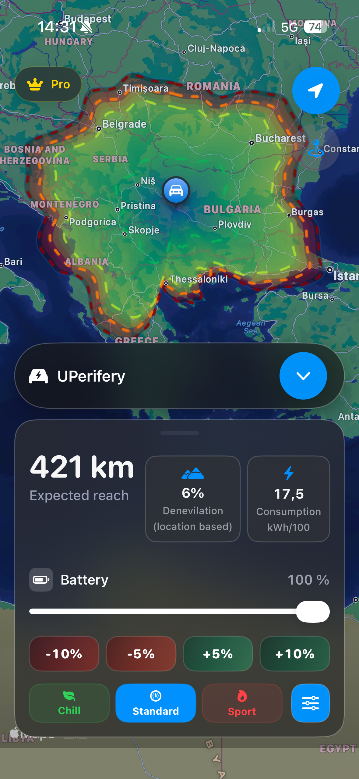 UPerifery main app screen showing EV range controls on a map
