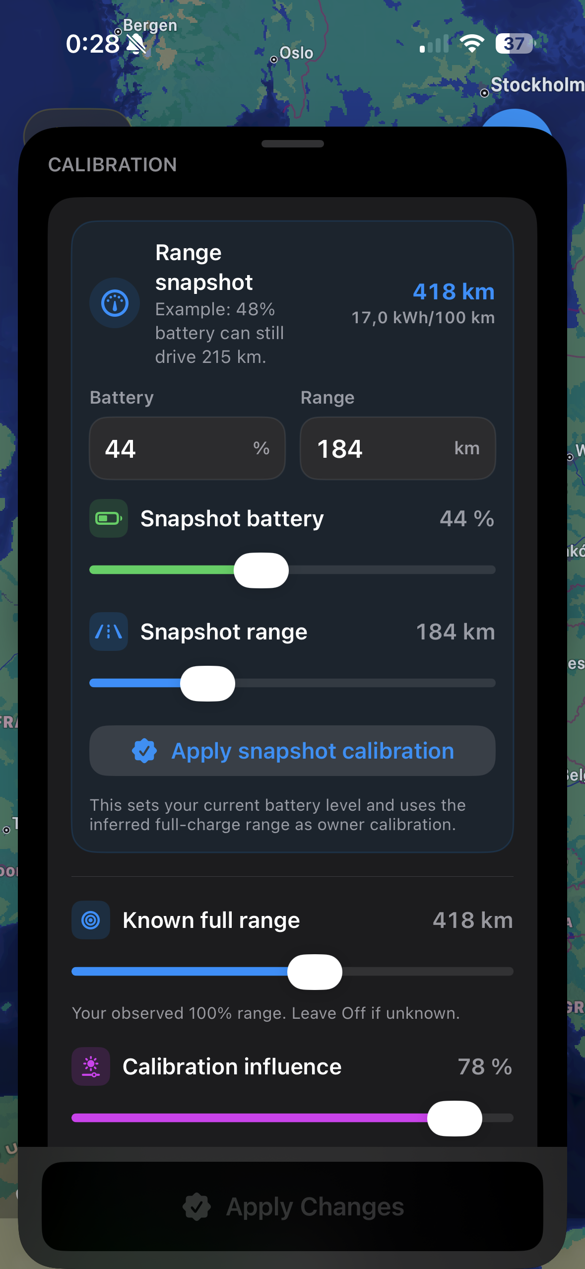 Calibration settings screen
