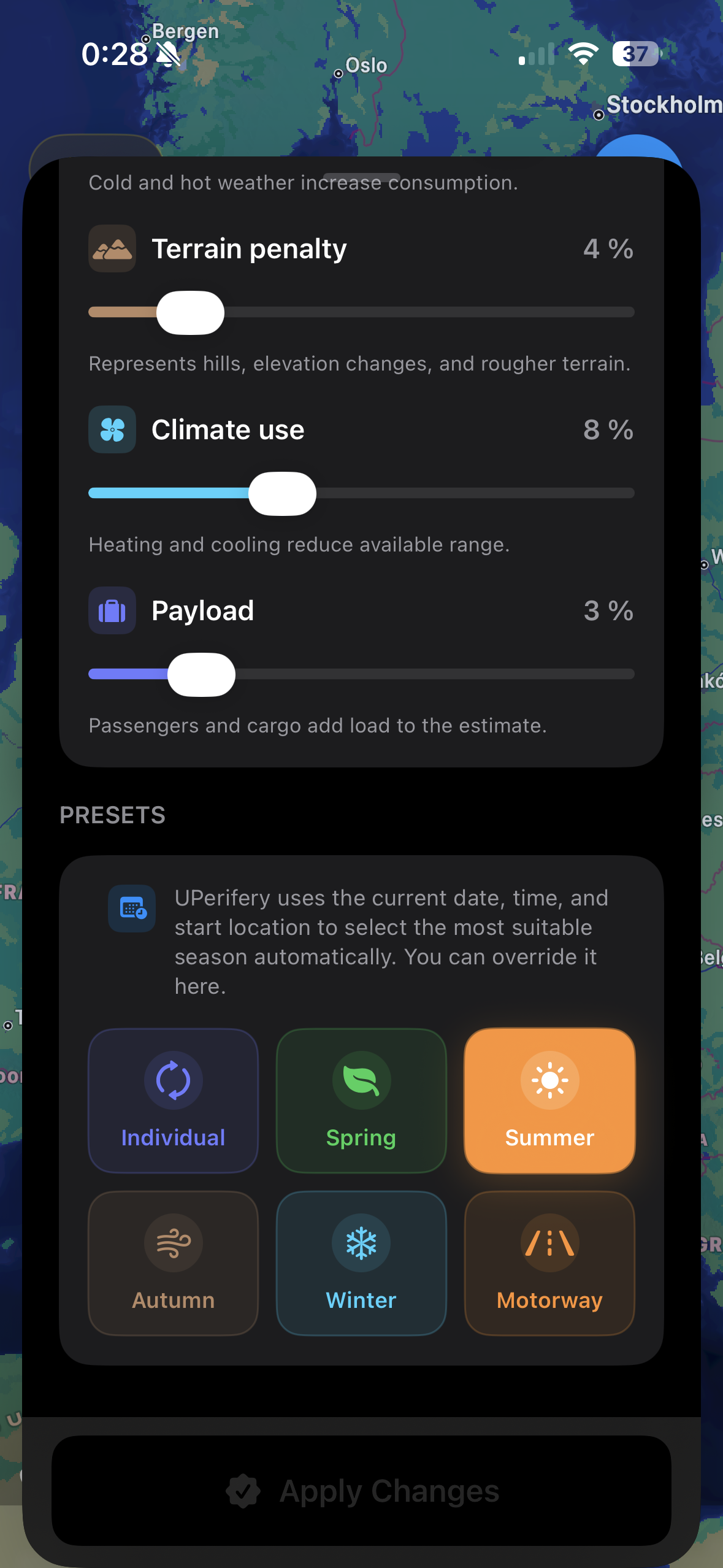 Preset settings screen