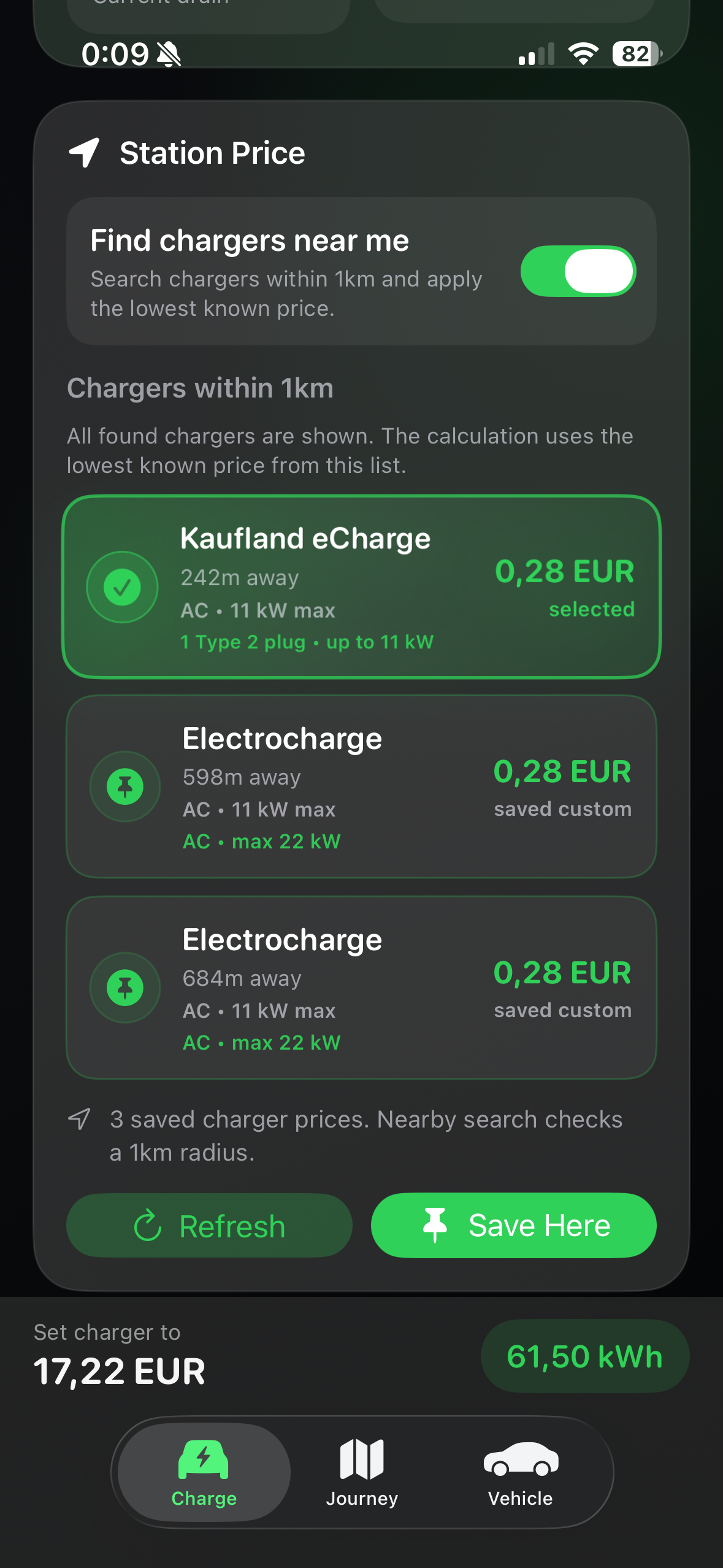 UPlugPay station price selection screen